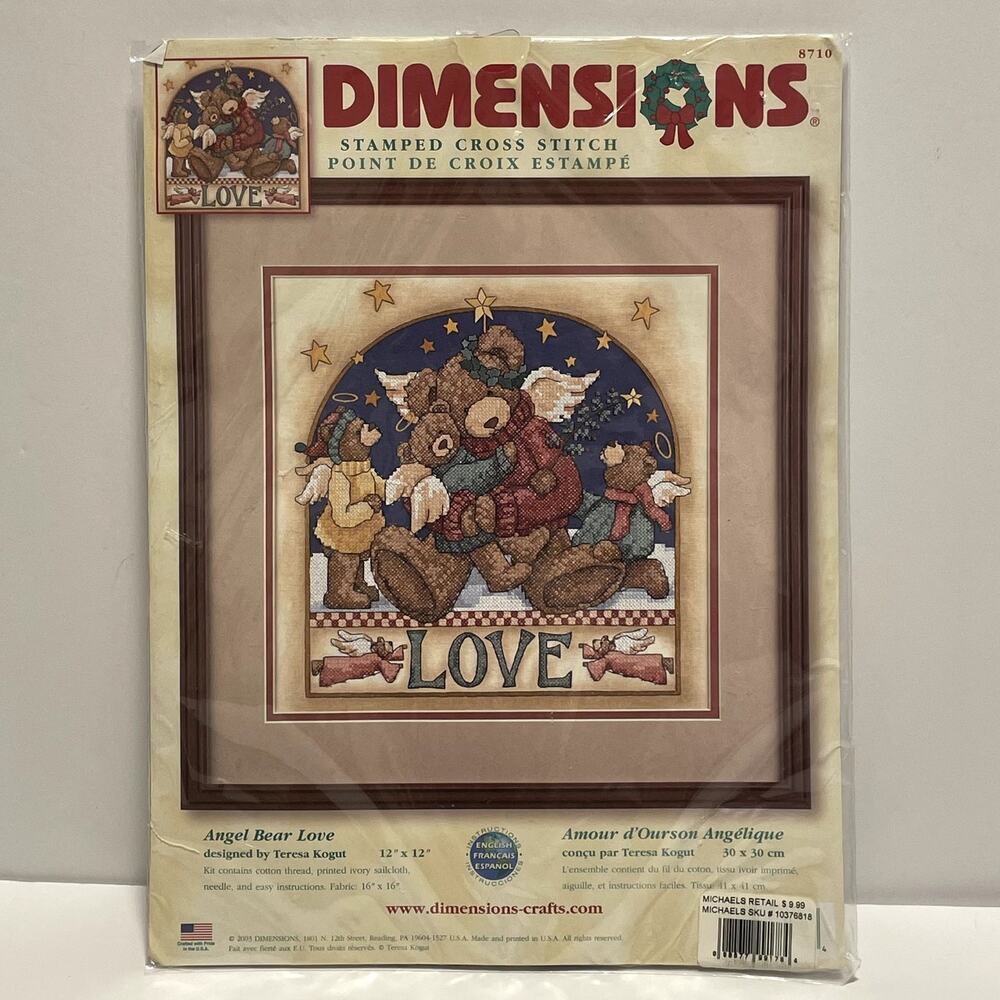 Dimensions Stamped Cross Stitch Kit Angel Bear Love 12X12 New Complete